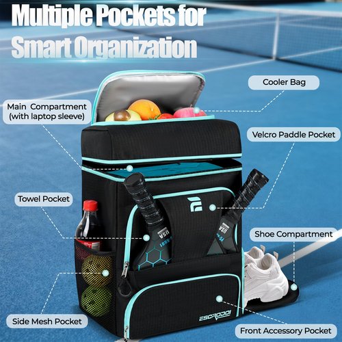 ESCRODOI Pickleball Bag Backpack with Shoe Compartment & Cooler, Large Pickleball Sport Backpack for Men&Women, Multi-Pocket Gym Bags for Sports&Work with Laptop Compartment, Black