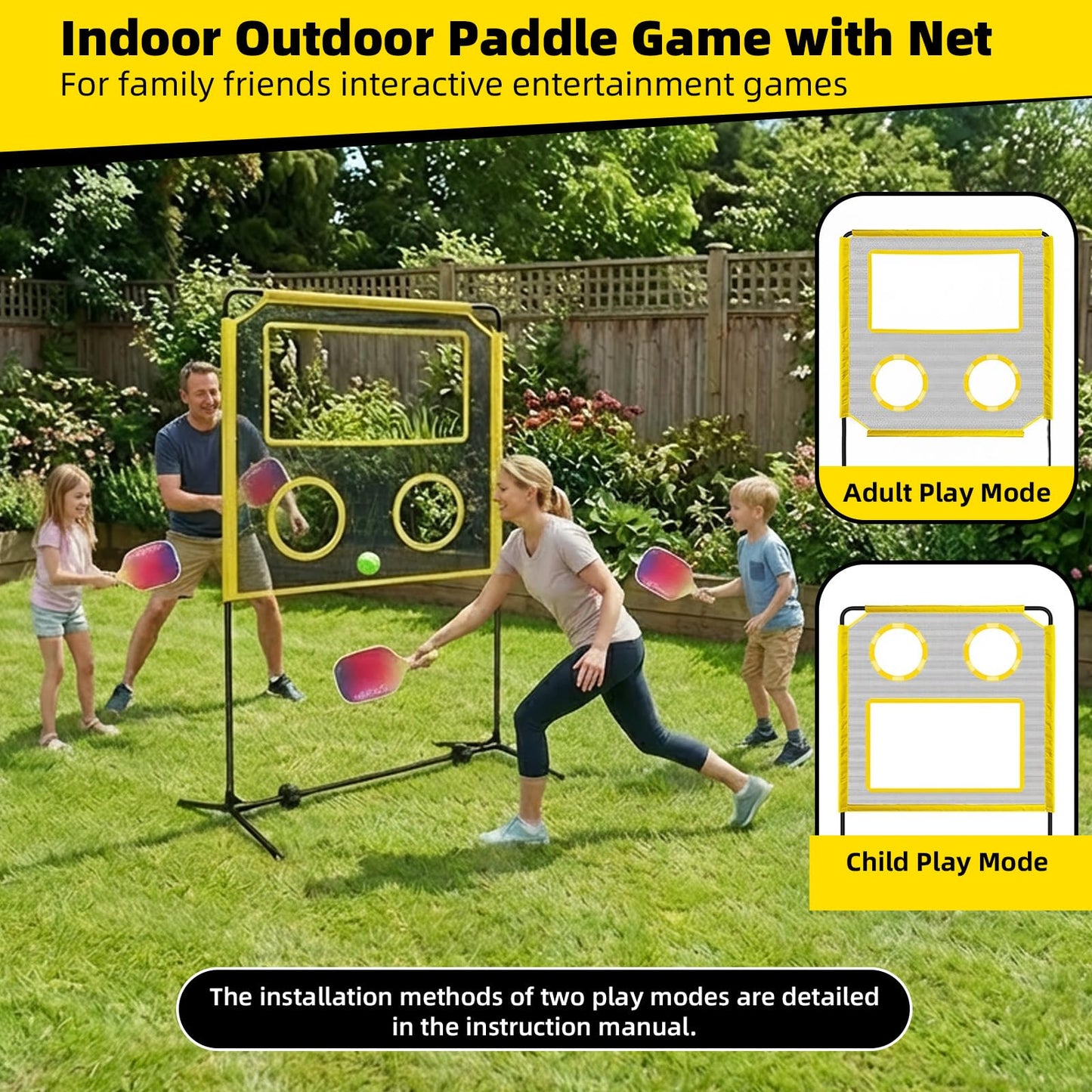 Ziziella Indoor Paddle Game with Net, Portable Pickleball Set with Net for Family or Solo Fun, All in One Outdoor Sports - Badminton, Pingpong, Tennis for Lawn, Backyard, Camping, Beach