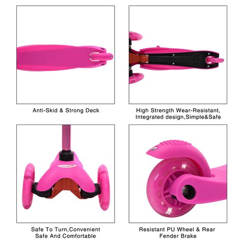 ChromeWheels Scooter for Kids, Deluxe 4 Adjustable Height 3 Wheels Glider with Kick, Lean to Steer with LED Flashing Light, Pink