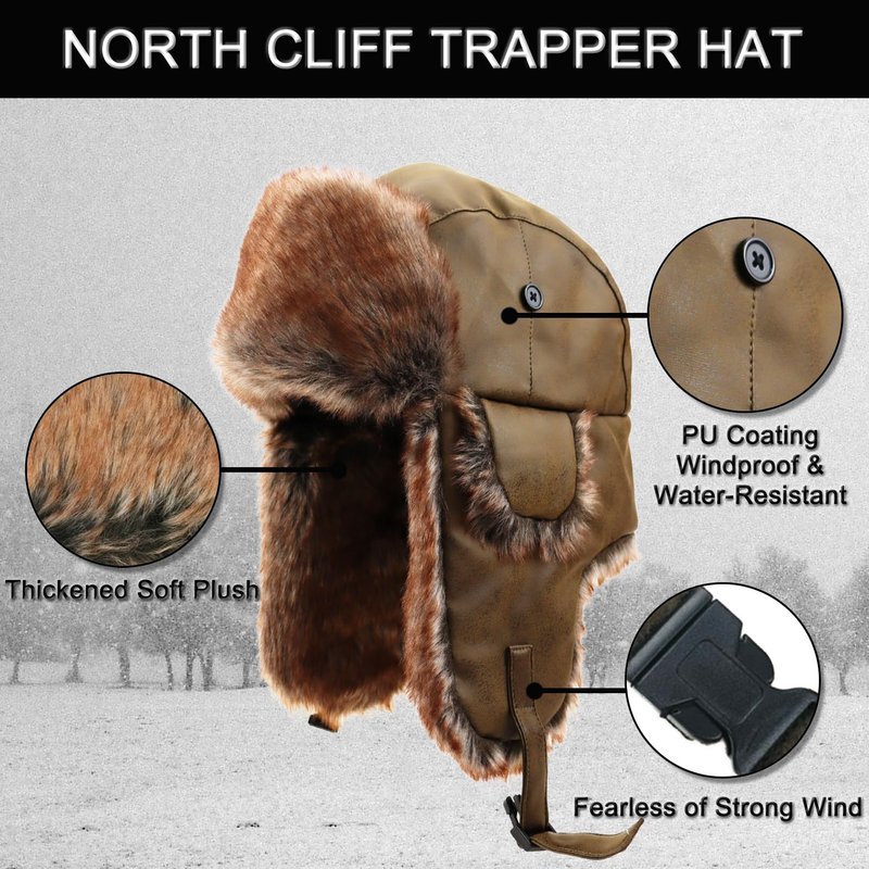 NORTH CLIFF Unisex Winter Trapper Hat Cold Proof Keep Warm Hat with Ear Flaps for Hunting Skiing Trooper Winter Outdoor Activities(Matte Light Brown 59cm)