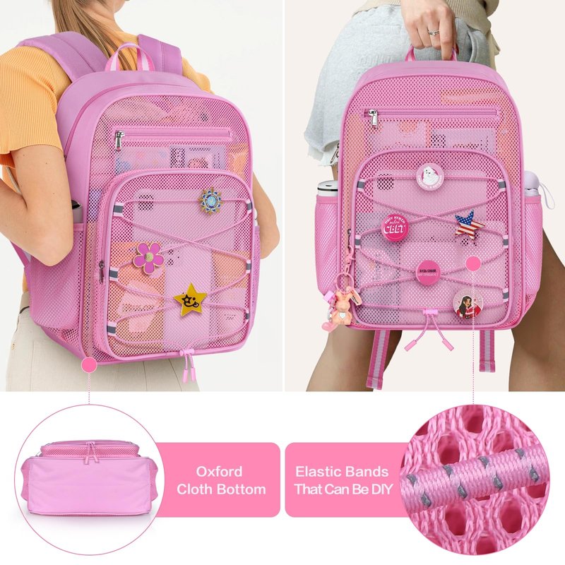 XOAOKO Mesh Backpack Heavy Duty See Through bookbag for College, Transparent Backpack for Beach, Swimming, Sports, Travel-Pink