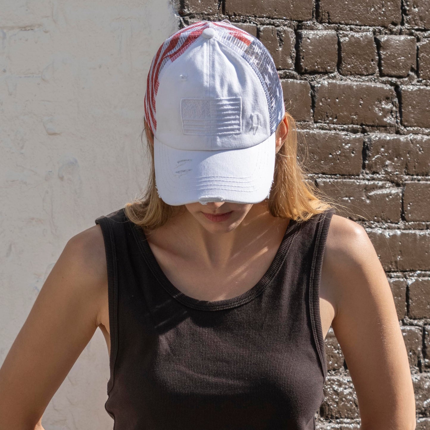 C.C Women's Criss-Cross Ponytail Baseball Cap – Embroidered Cotton Front, American Flag Mesh Back, Adjustable Velcro (US, Alpha, One Size, White)