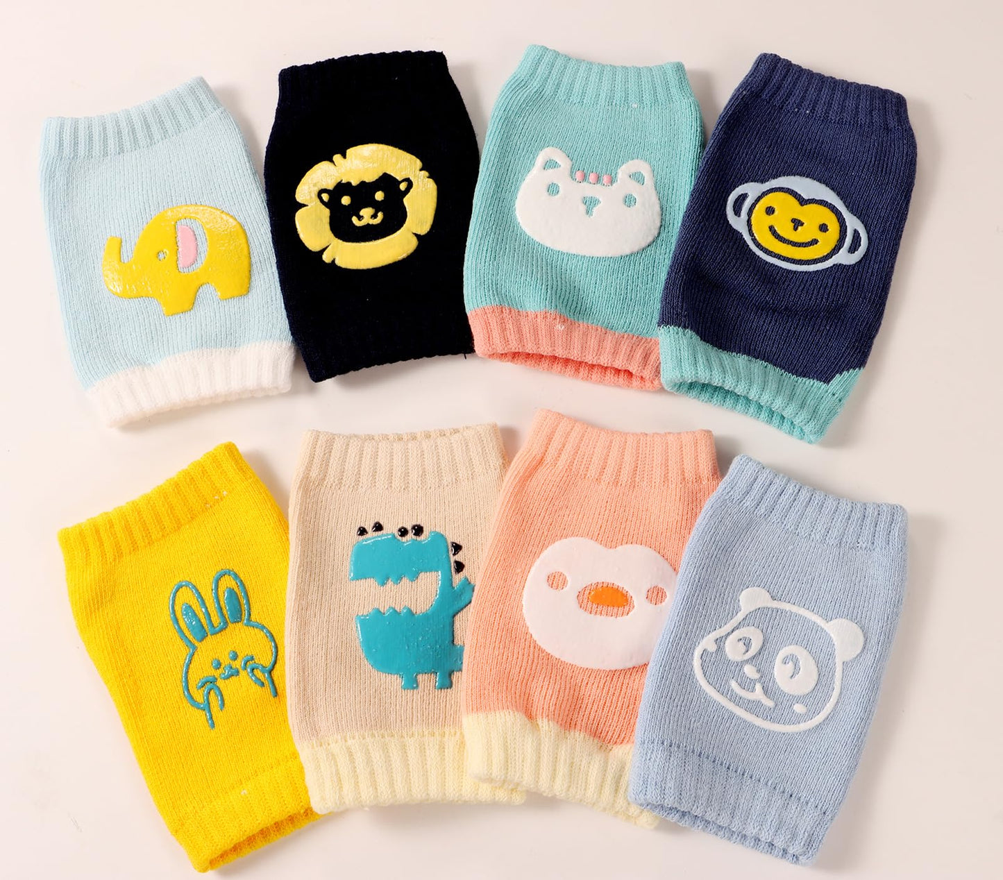TAMHOO Baby Knee Pads for Crawling 6-24 Months, 8 Pairs with Animal Designs (Monkey/Dinosaur/Pig/Elephant/Cat/Rabbit/), Anti-Slip Silicone Protection,Breathable Toddler Knee Protectors