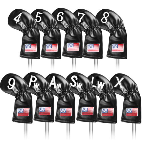 Golf Iron Covers Set US Flag Leather for Irons Value 11 Pack, Long Neck Protector Number Headcover, Universal Head Cover Fit Main Iron Clubs for Men Women Golfer (Black-USA Flag)