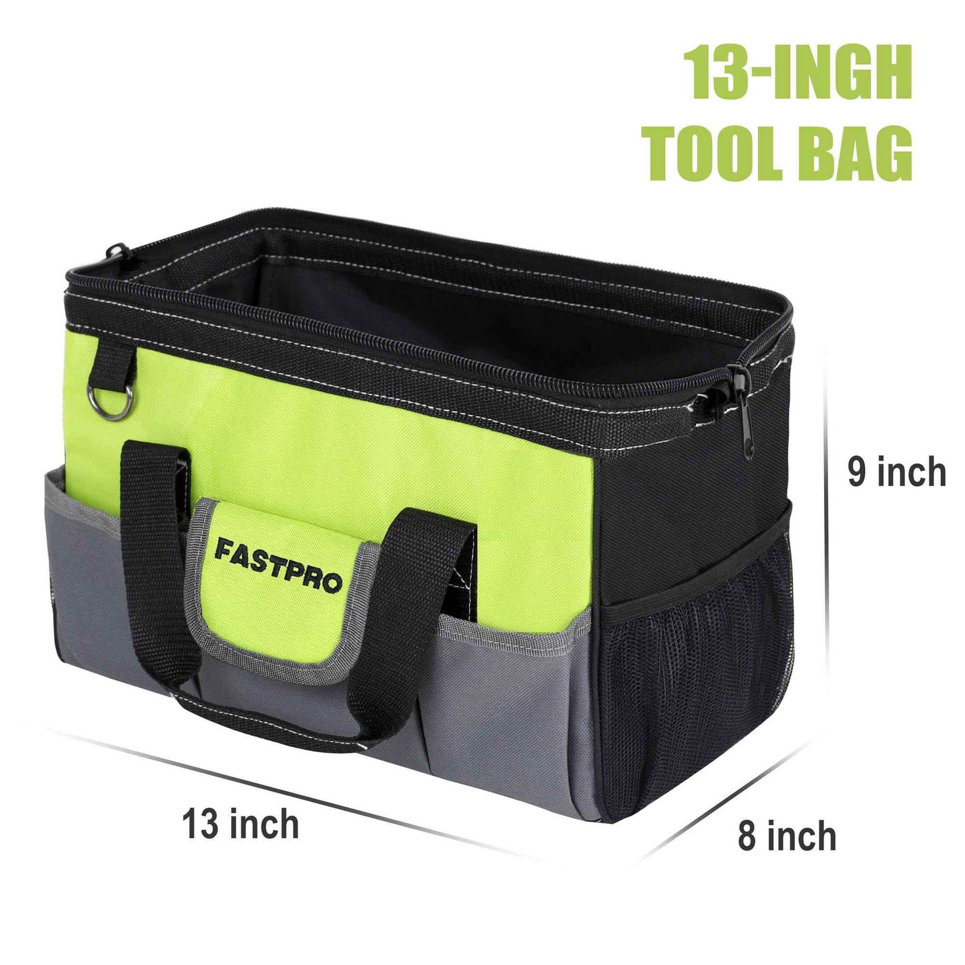 FASTPRO 13-inch Wide Mouth Tool Bag, Multi-pocket Tool Organizer with Adjustable Shoulder Strap