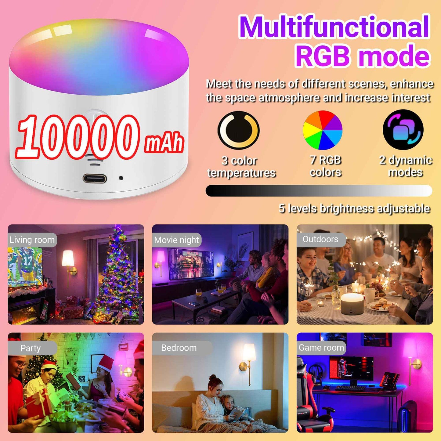 YHCDLAMP Battery Operated Wall Sconce Set of 2, Rechargeable Wall Sconce with 10000mAh Bulb and Remote, Up to 50 Hrs Use, RGB Dimmable Wireless Wall Lights for Living Room Bedroom Hallway