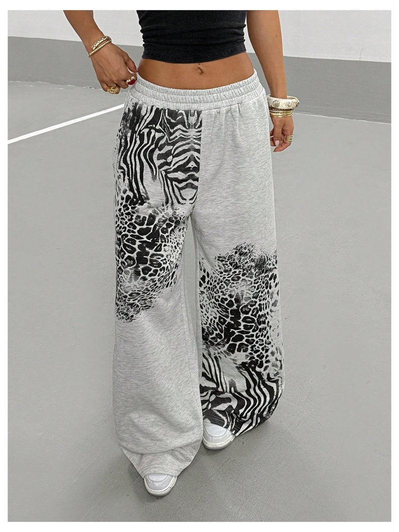 Verdusa Women's Y2k Goth Leopard Print Baggy Sweatpants Elastic Waist Wide Leg Long Pants Light Grey Small