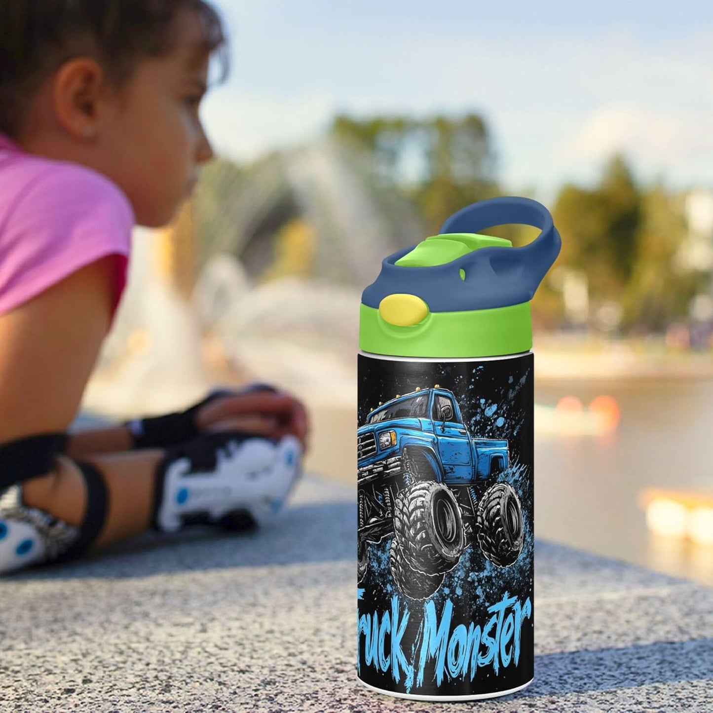 Monster Truck Water Bottle - Vacuum Insulated Stainless Steel with Straw & Handle | 12 oz Green Lid for Kids 4-8 Years Old