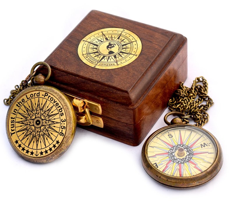 Trust in The Lord with All Your Heart -Proverbs 3: 5-6 Quote Engraved Compass with Wooden Box, Birthday, Baptism, Communion, Christmas, Graduation Day Gifts 2026 Compass for Women Mens Boy Girls