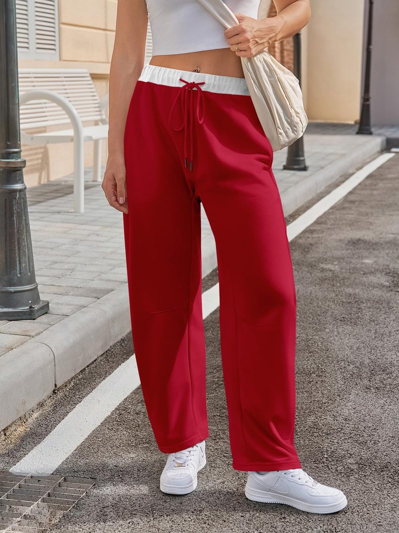Fisoew Womens Wide Leg Sweatpants Baggy Drawstring Elastic Waisted Travel Track Pants Color Block Joggers with Pockets Red