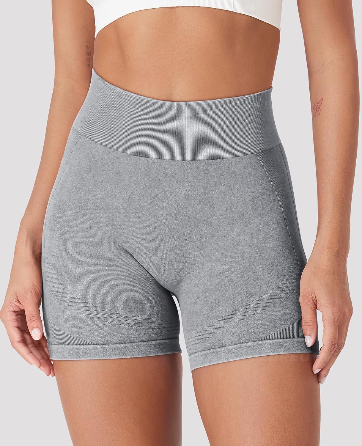 YEOREO Women's Biker Shorts - 4.5" Faux Denim, Mid Waist, No Front Seam, Hidden Scrunch Lift
