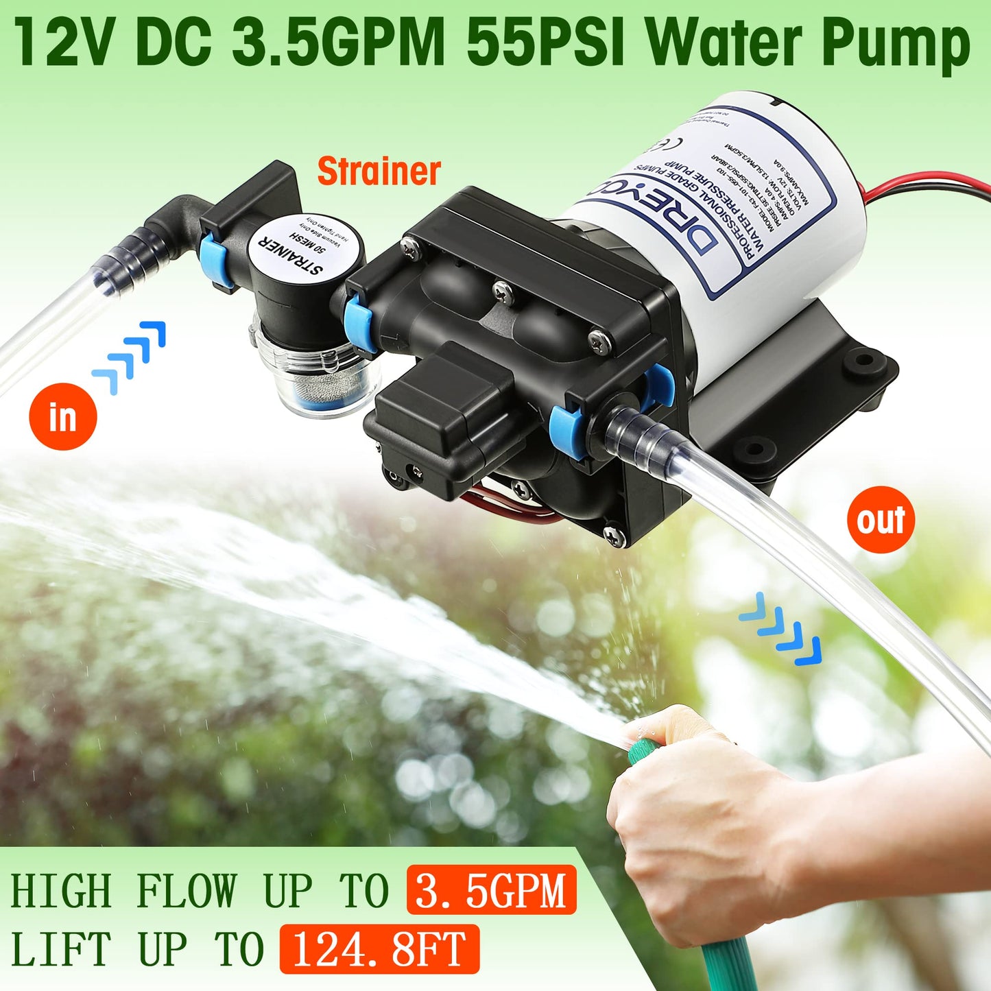 Dreyoo 12V RV Water Pump, 3.5GPM 55PSI Self Priming Automatic Diaphragm Water Pump with Adjustable Water Pressure Switch for RV Marine Yacht Agriculture(12V 55PSI 3.5GPM)