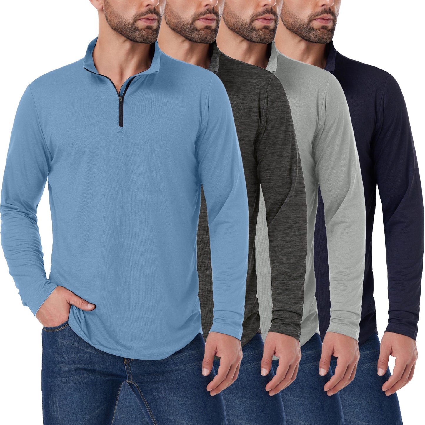 OYGSieg 4 Pack Men's Quarter Zip Pullover Quick Dry Active Casual Athletic Long Sleeve Tops L