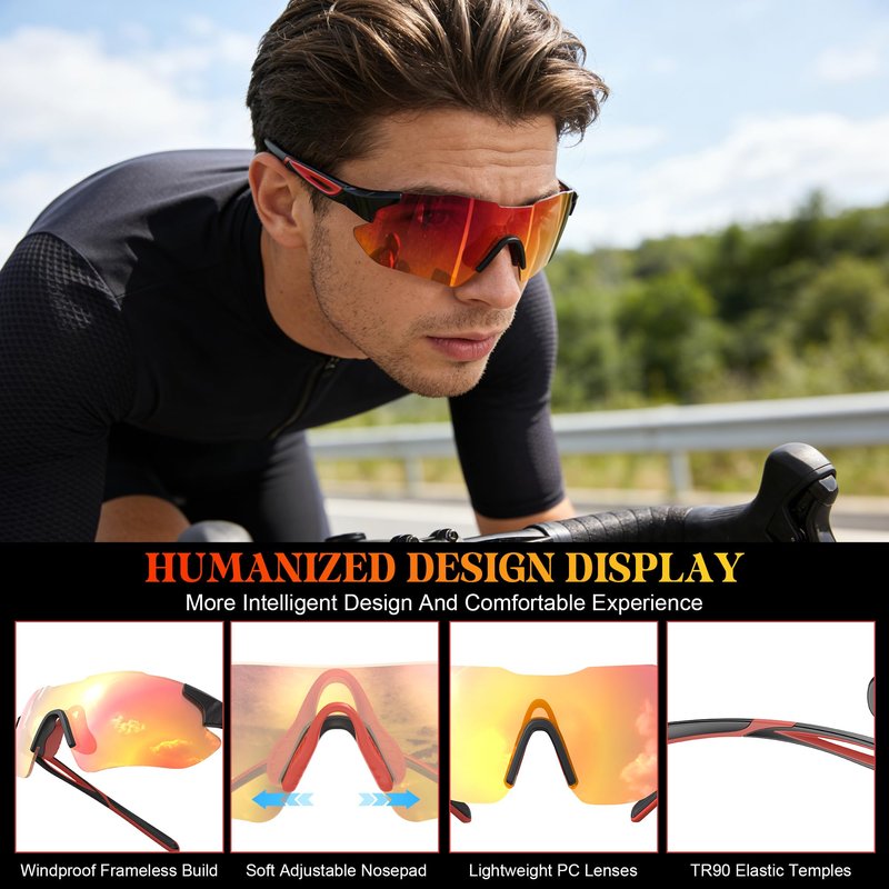 Polarized Sports Sunglasses for Men and Women, polarized glasses featuring high-definition polarized lenses with UV protection Sports sunglasses are ideal for cycling running golf driving,Red