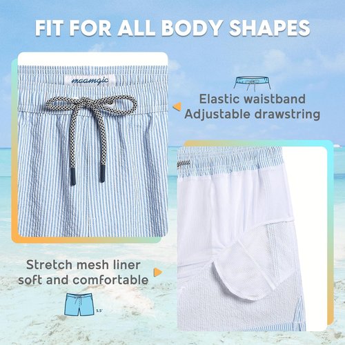 Maamgic Men's Swim Trunks - 5.5 Inch Seersucker Beach Shorts with Quick-Dry Mesh Liner