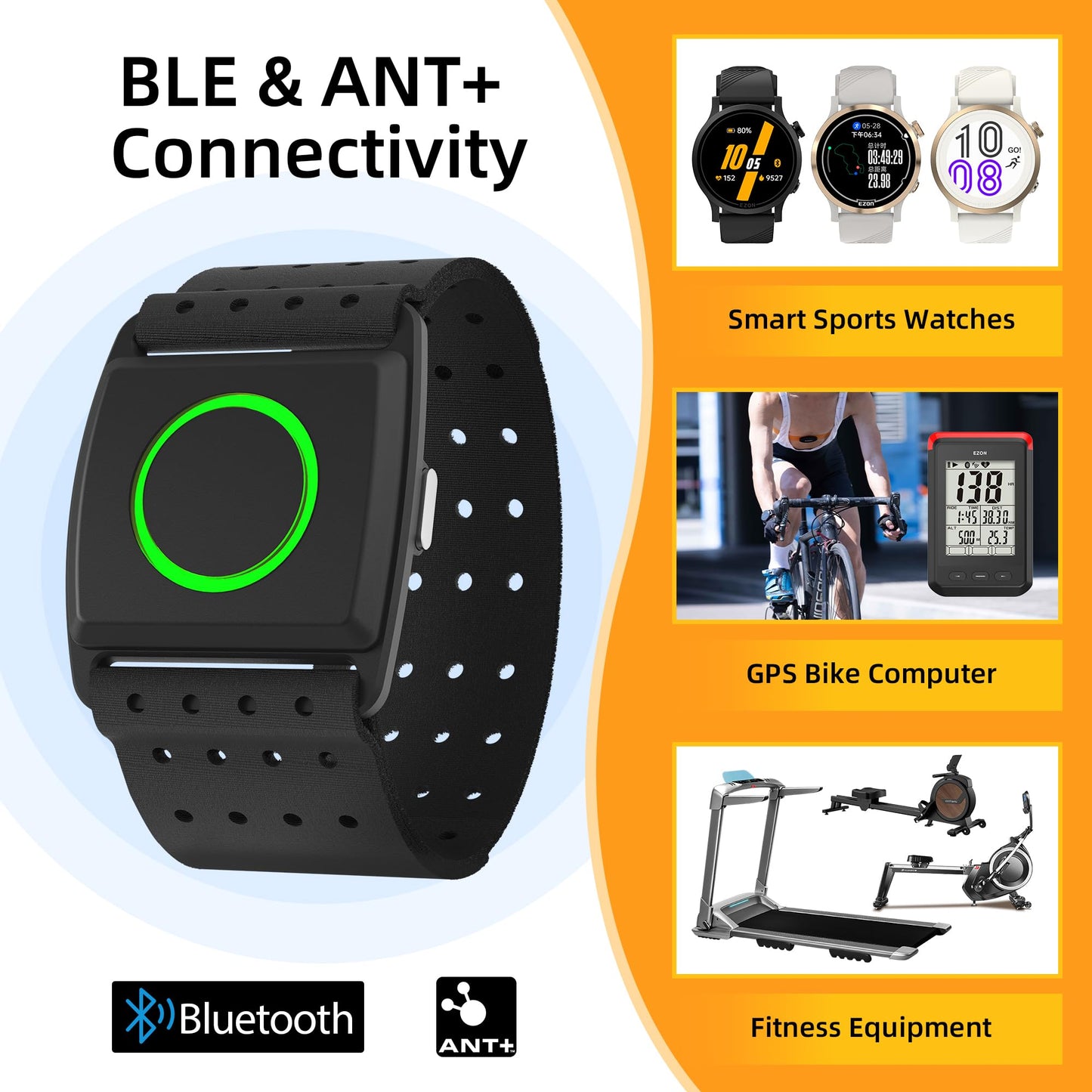 EZON C022Pro Heart Rate Monitor Armband with ANT+ & Bluetooth, LED HR Zone Indicator Lights,3ATM Waterproof, Adjustable Arm Strap for Running Cycling Gym, Compatible with Peloton/Wahoo/Strava