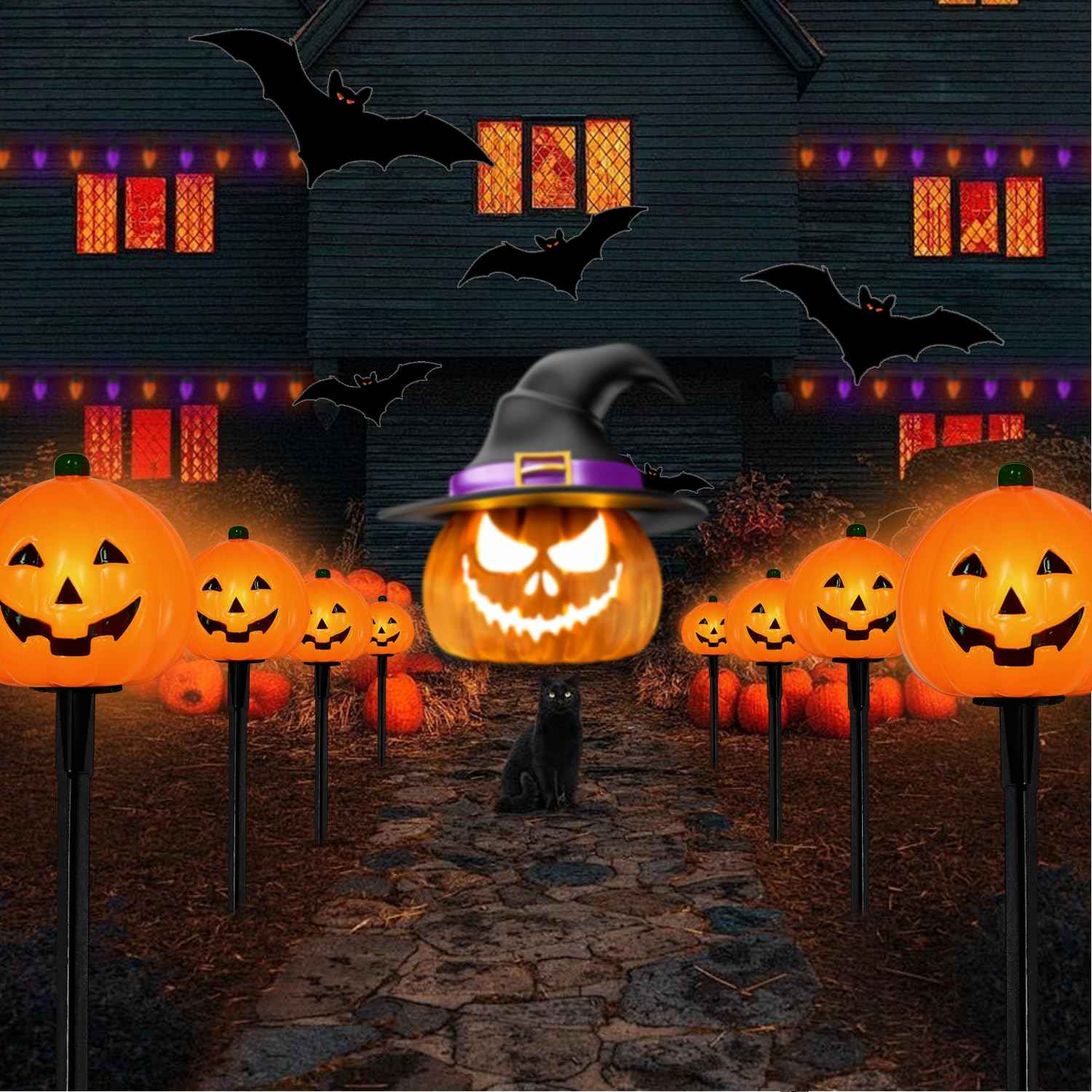 7Ft Halloween Pathway Lights Pumpkin Walkway Lights Markers Lights Plug in Waterproof with 4 Pack LED Pumpkin Path Lights, for Halloween Decorations Outdoor Yard Path Camping Lighting Decor, 0.6W