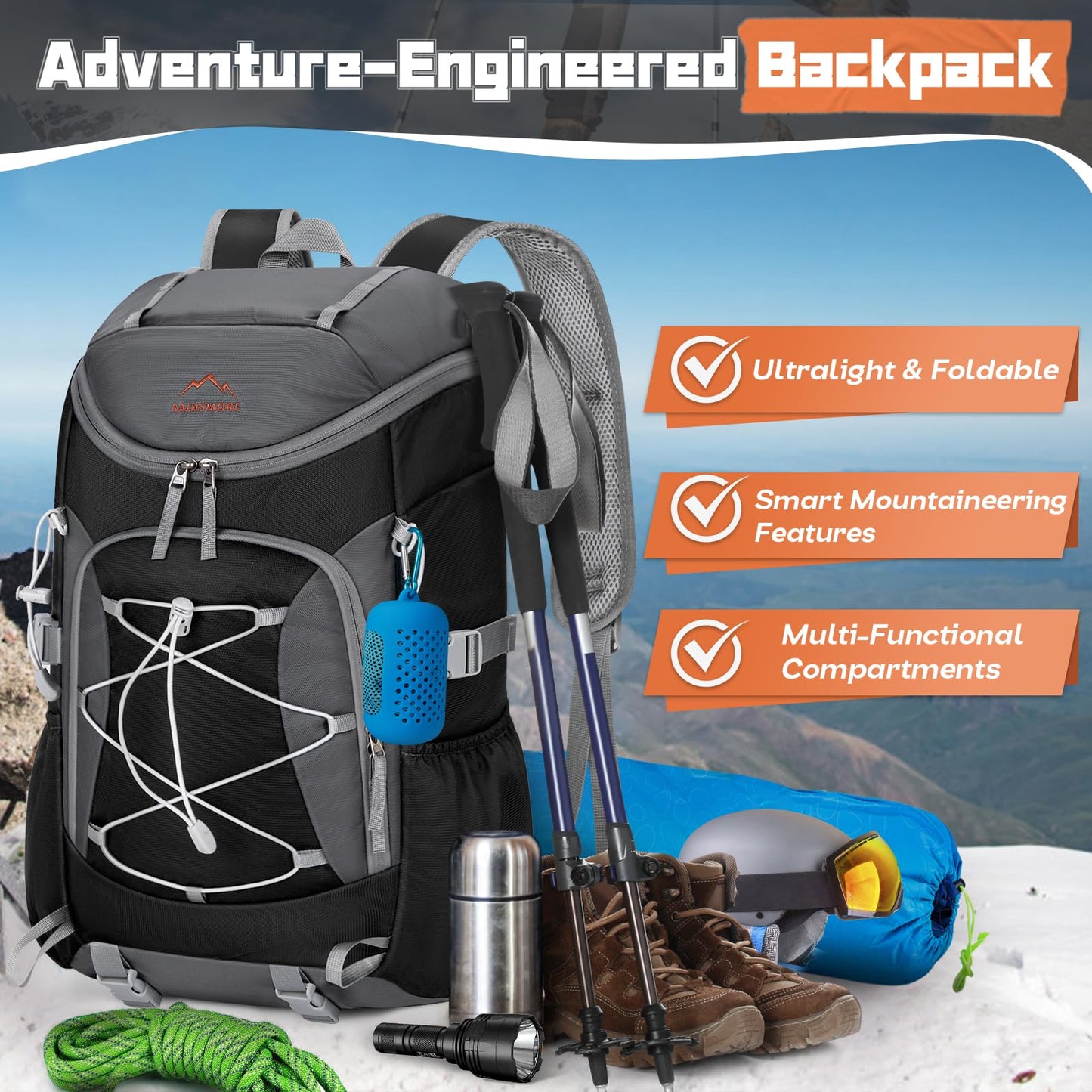 RAINSMORE Foldable Hiking Backpack for Women Men Packable Camping Backpack 40L Waterproof Hiking Daypack Bag Lightweight Collapsible Daypack for Travel Trekking Mountaineering Large Capacity Black