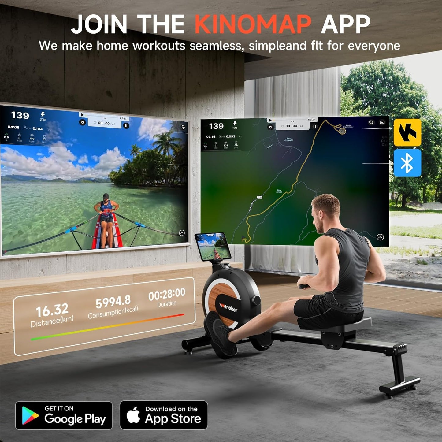 Wenoker Magnetic Rower Machine - App-Supported, 350 LB Capacity, Whisper Quiet with LCD Monitor & Comfortable Seat