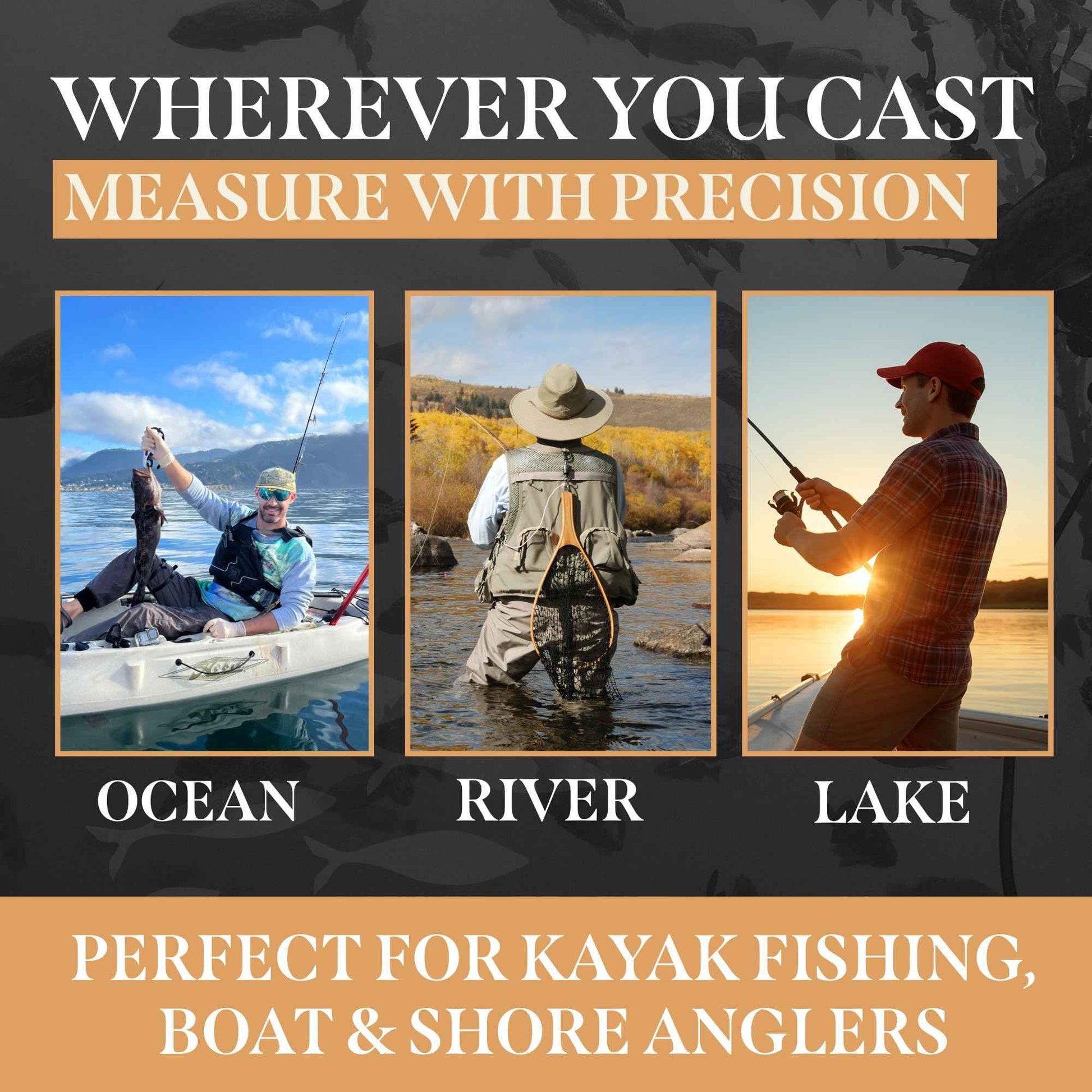 Fish Rulers Roll-up & Slap-on Premium Fishing Tape Measure - Easy-to-Read Catch and Release Fish Measuring Device for Boat & Kayak Accessories - Compact & Extendable Fish Ruler (Gold - 24" Inches)