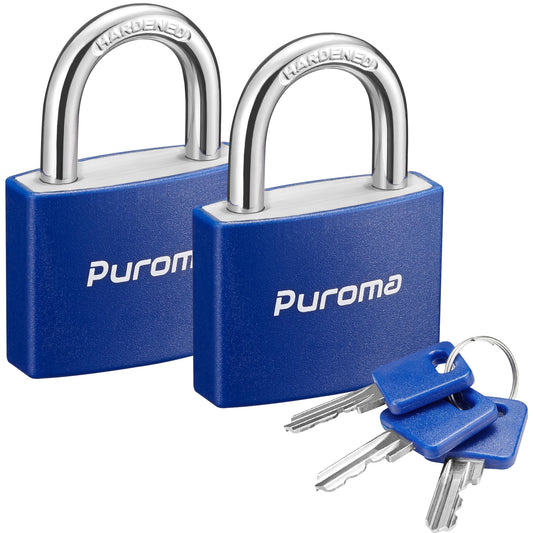 Puroma Lock Keyed Padlock, 2 Pack Aluminum Locks with 3 Keys Alike, 1.1 Inch Locker Lock 43mm Small Padlocks for Gate, Fence, Shed, Toolbox, School Gym Locker (Blue)