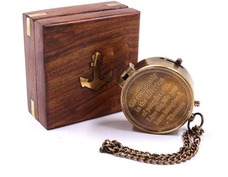 Vintage Brass Compass with Engraved Quote – “Go Confidently in The Direction of Your Dreams” – Nautical Compass with Chain & Rosewood Box – Graduation, Retirement Gift for Him or Her
