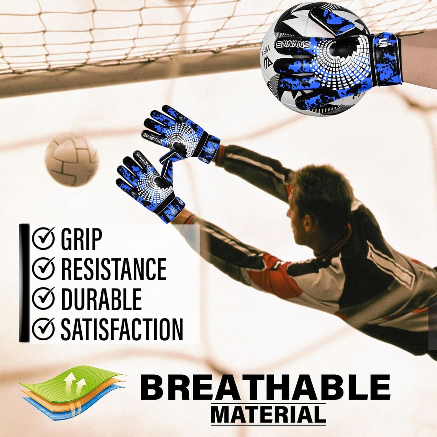 SAWANS Football Goalkeeper Gloves - Strong Grip Palms & Wrist Support for Kids & Adults | Anti-Slip Design