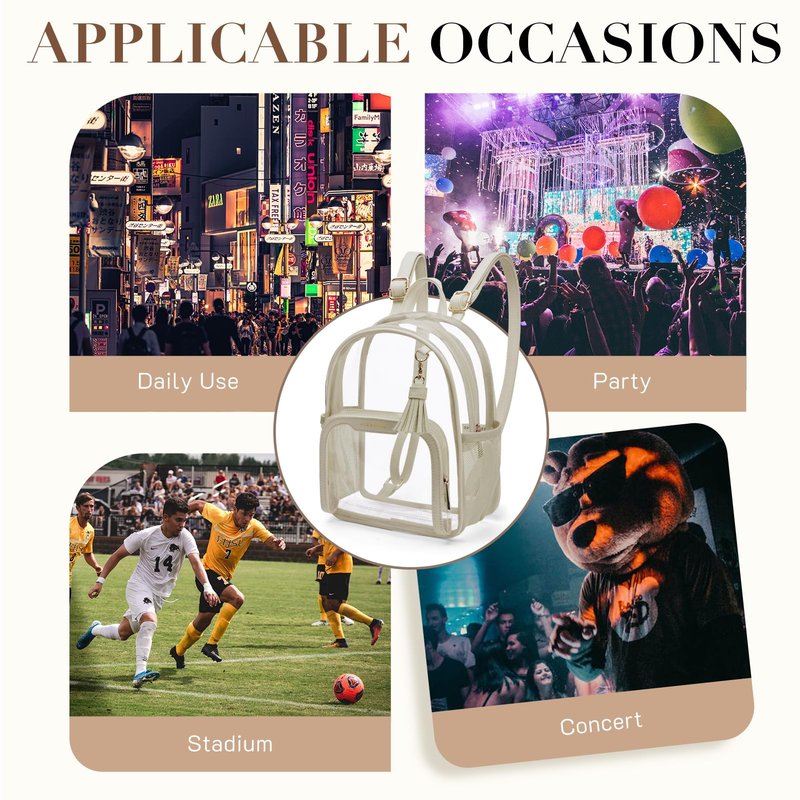 Missnine Small Clear Backpack Stadium Approved, Thick PVC Mini Clear Bag with Leather Trim for Sports Event, Concert, Festival