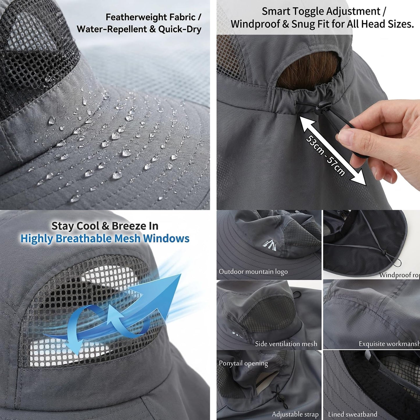 UV Sun Protection Hat Women Foldable Neck Flap Wide Brim Hiking Hat with Ponytail Hole for Women Dark-Gray