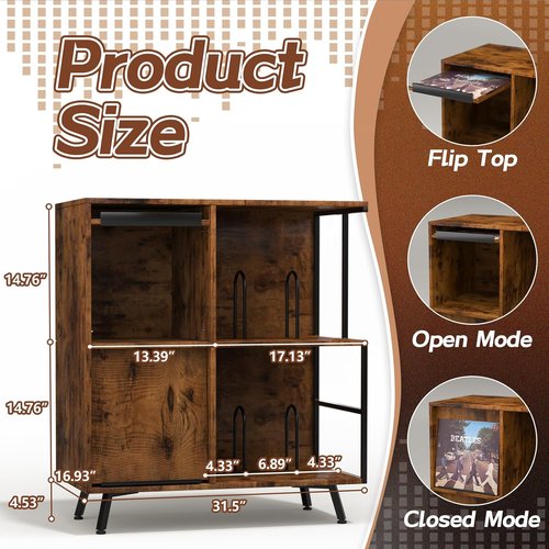 Faesun Vinyl Record Storage Stand - 3 Tier Flip Top Cabinet Holds 300+ Albums | Rustic Brown