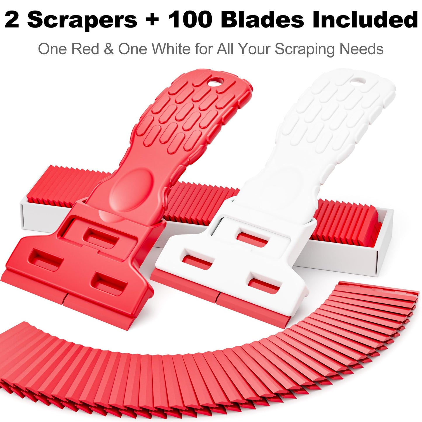 Dual-Width Plastic Razor Blade Scraper Tool Non Scratch - 2-Pack With 100 Blades, Single Or Double Wide Head, Removes Stickers, Labels, Decals, Adhesive & Paint On Glass, Cooktops, Car Windows & Tiles