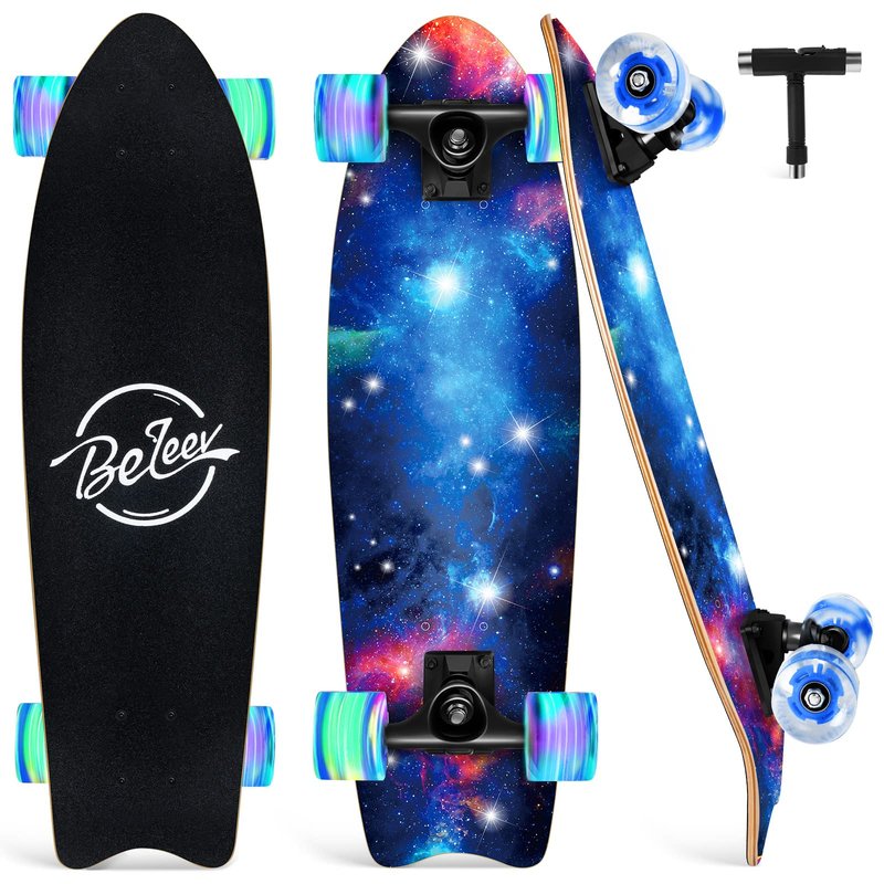 BELEEV Cruiser Skateboards for Kids, 27x8 inch Complete Skateboard for Beginners Teens Adults, 7 Ply Canadian Maple Double Kick Deck Concave Trick Skateboard with LED Light-Up Wheels (Nebula)