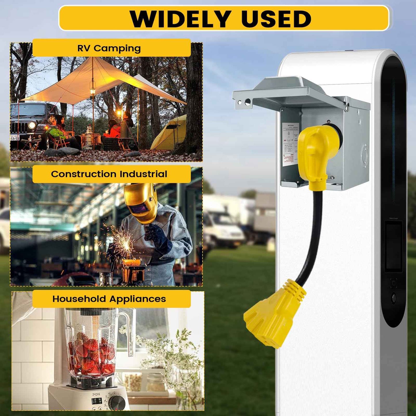 KANGIKX 30 Amp to 110V 20 Amp RV Distribution Adapter, NEMA TT-30P Male to 3X5-15/20R Female RV Generator Adapter Cord, 30 to 20Amp 125V 3-Prong to Multiple Household Outlet 1.6FT