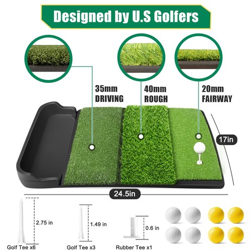 Golfguru Golf Mat, Foldable 4-in-1 Practice Mat with Ball Tray, 8 Golf Balls, 9 Tees, Rubber Tee, Indoor/Outdoor Training