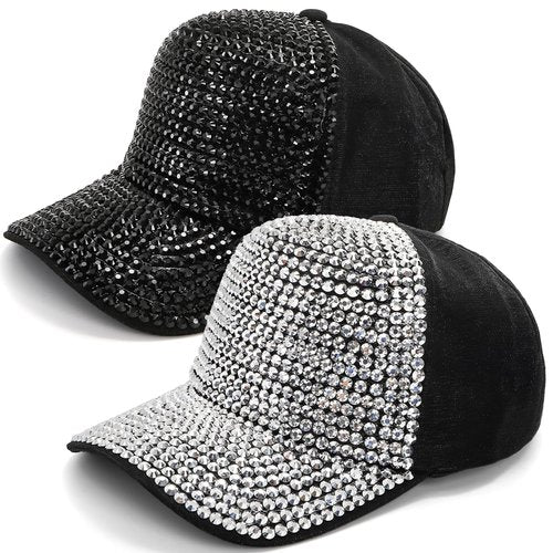 Peohud Set of 2 Rhinestone Baseball Caps, Adjustable Snapback Baseball Hat for Women Men, Breathable Sparkle Bling Sun Hat for Sport, Party, Outdoor Activities Black