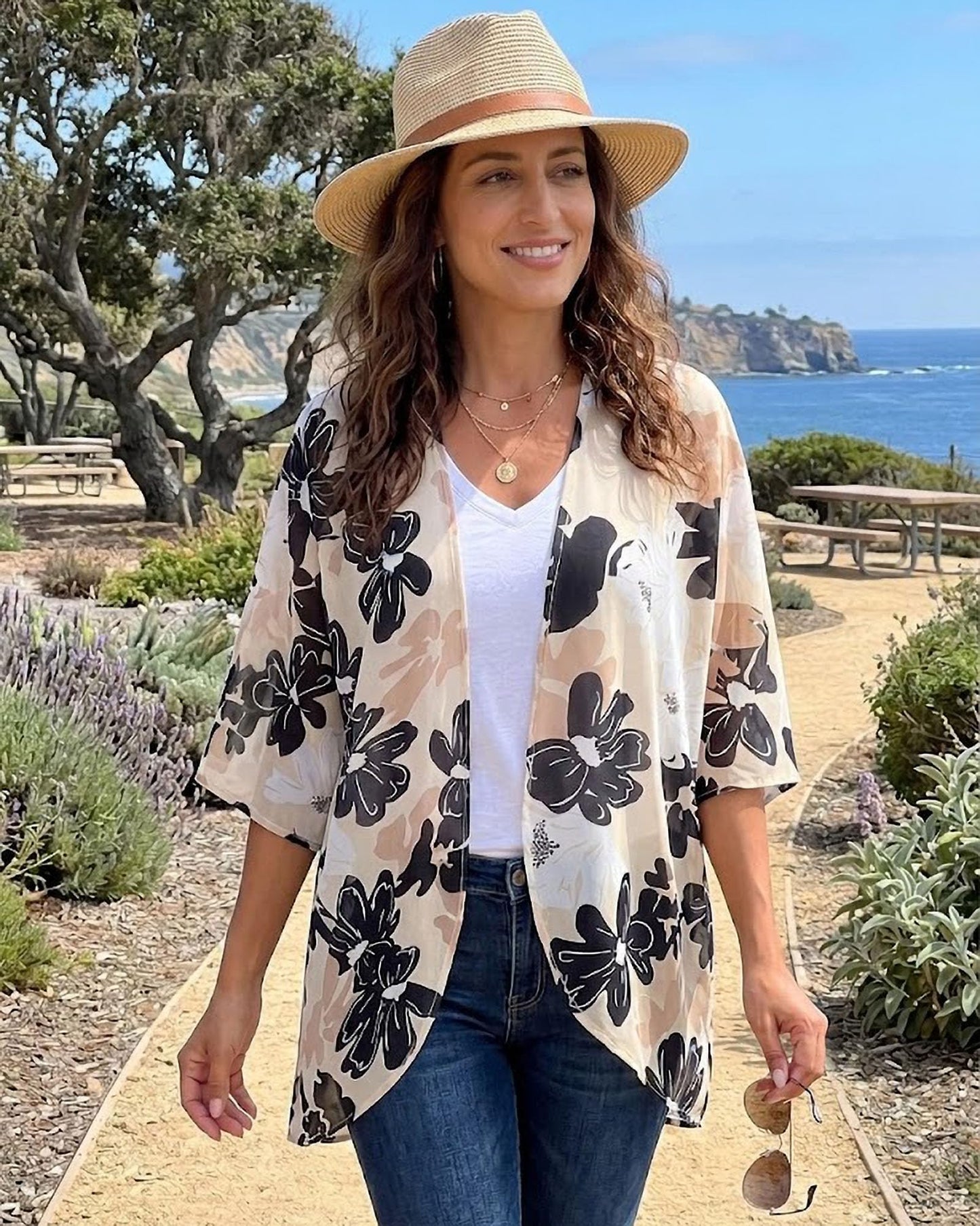 Women Kimono Cardigan Sheer Beach Coverups Chiffon Loose Casual Open Front Tops (Dasiy KhakiM)