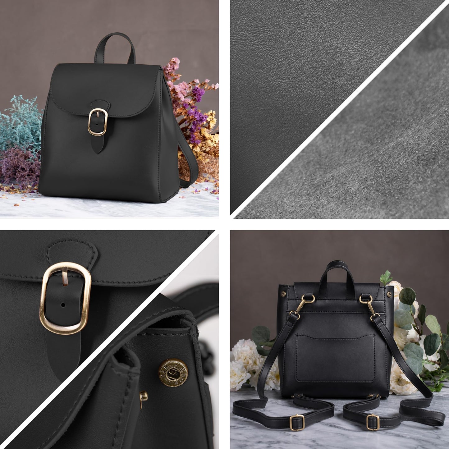 SUNLIGHT LEAVES Simple Vegan Leather Flap 3 Way Convertible Backpack For Women Classic Vintage Faux Leather Fashion Daypack (Black)
