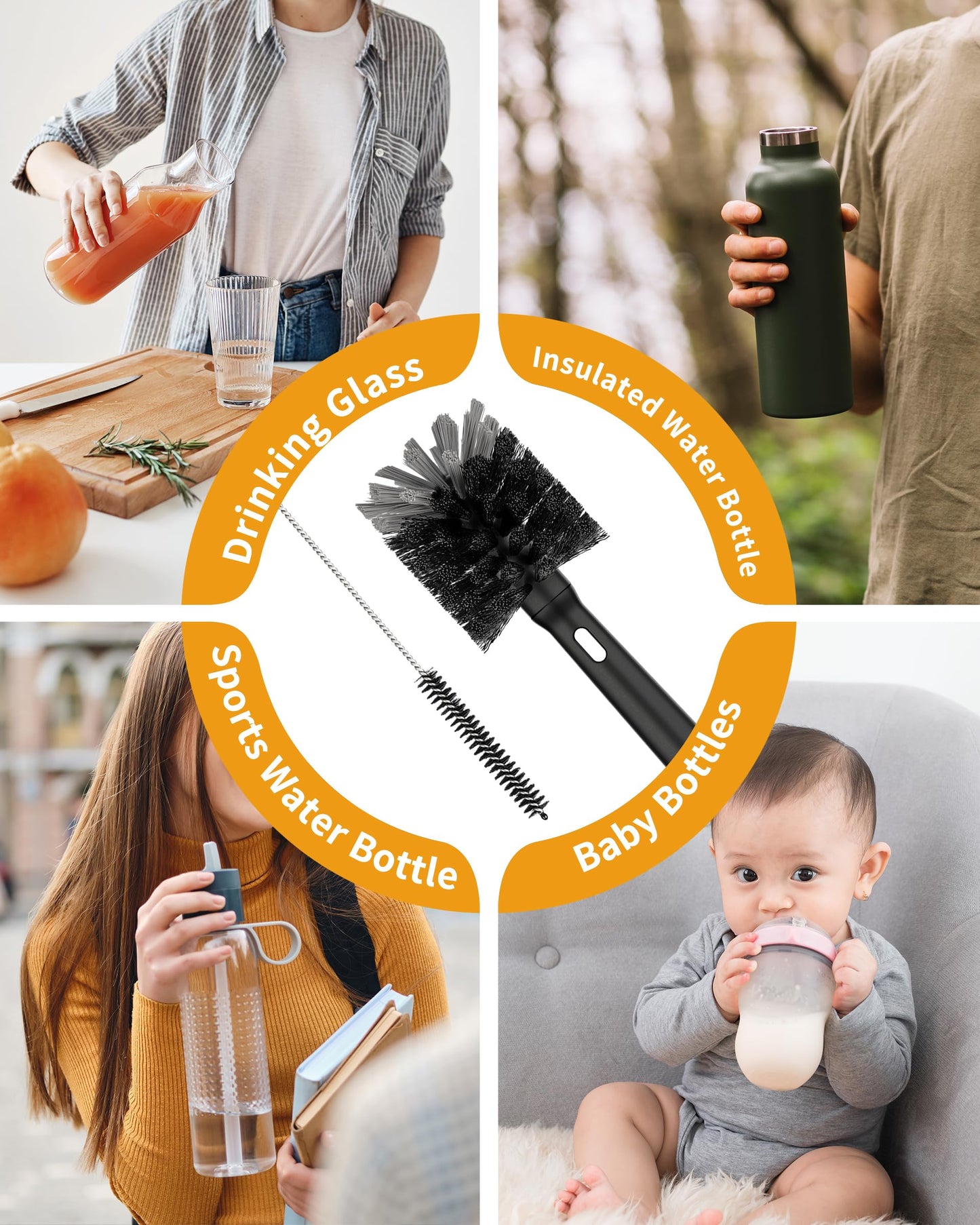 MR.SIGA Water Bottle Brush and Straw Cleaner Brush, Long Handle Bottle Cleaner Brush, 2 in 1 Bottle Cleaning Brush for Sports Bottles, Baby Bottles, Mugs, Straws, Black