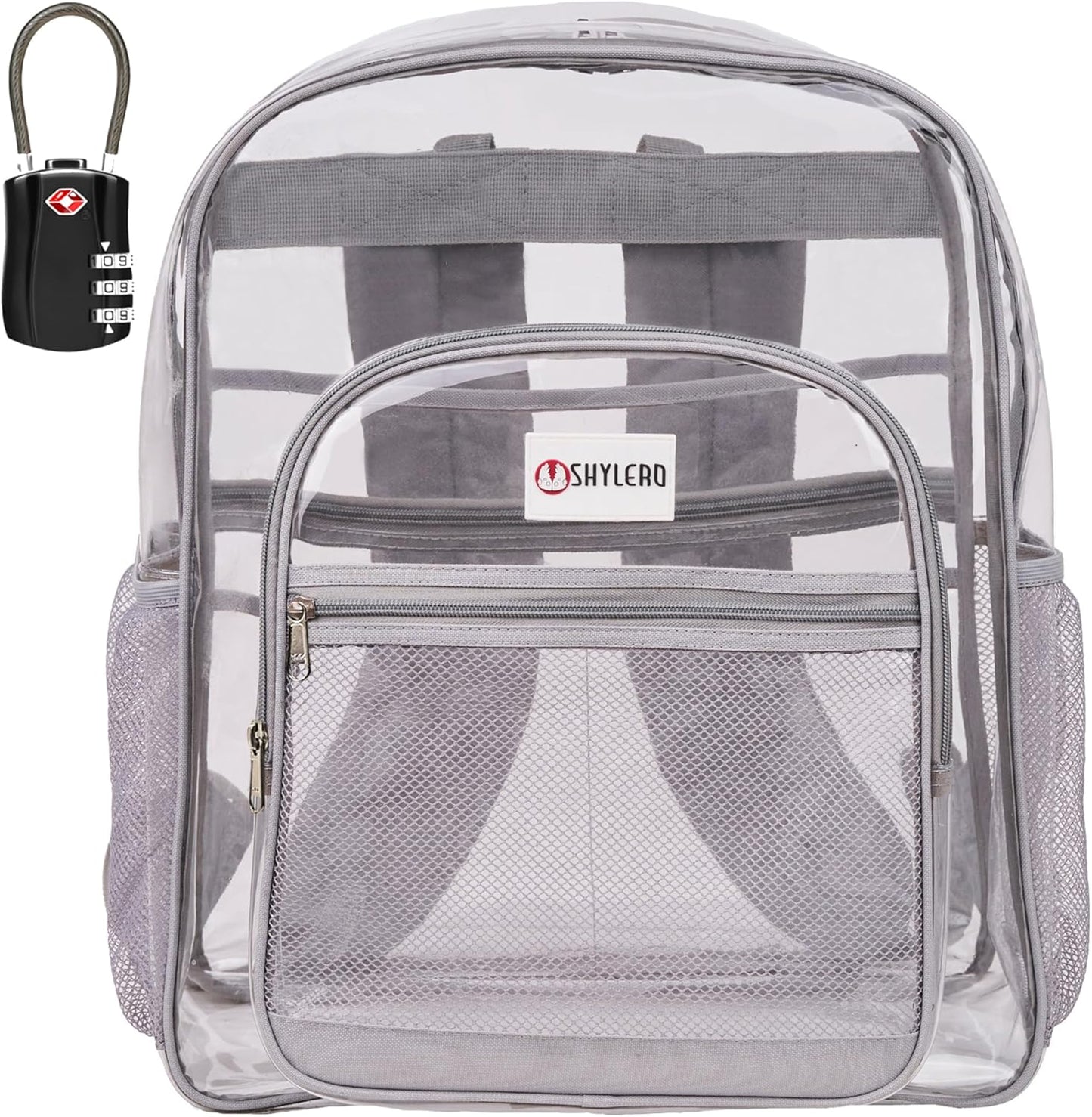 SHYLERO Clear Backpack - Heavy Duty PVC with TSA Lock & 2-Way Zipper | Extra Large Grey (18" x 14" x 8")