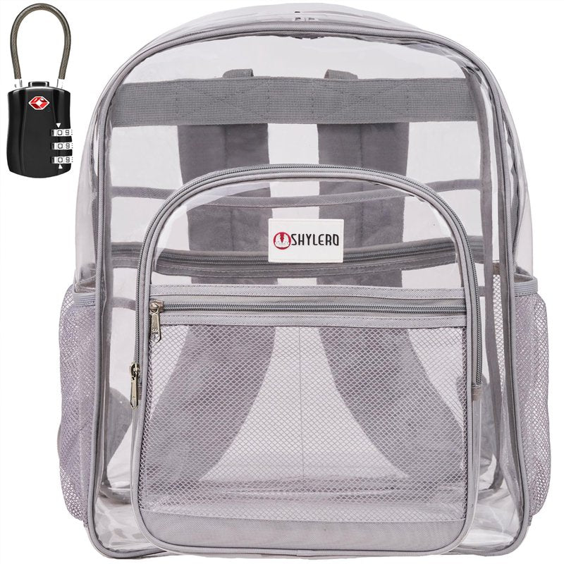SHYLERO Clear Backpack Heavy Duty has TSA Lock, 2-WAY Zipper. PVC Transparent Backpack Is Extra Large - H18''xW14''xD8 - Light Gray