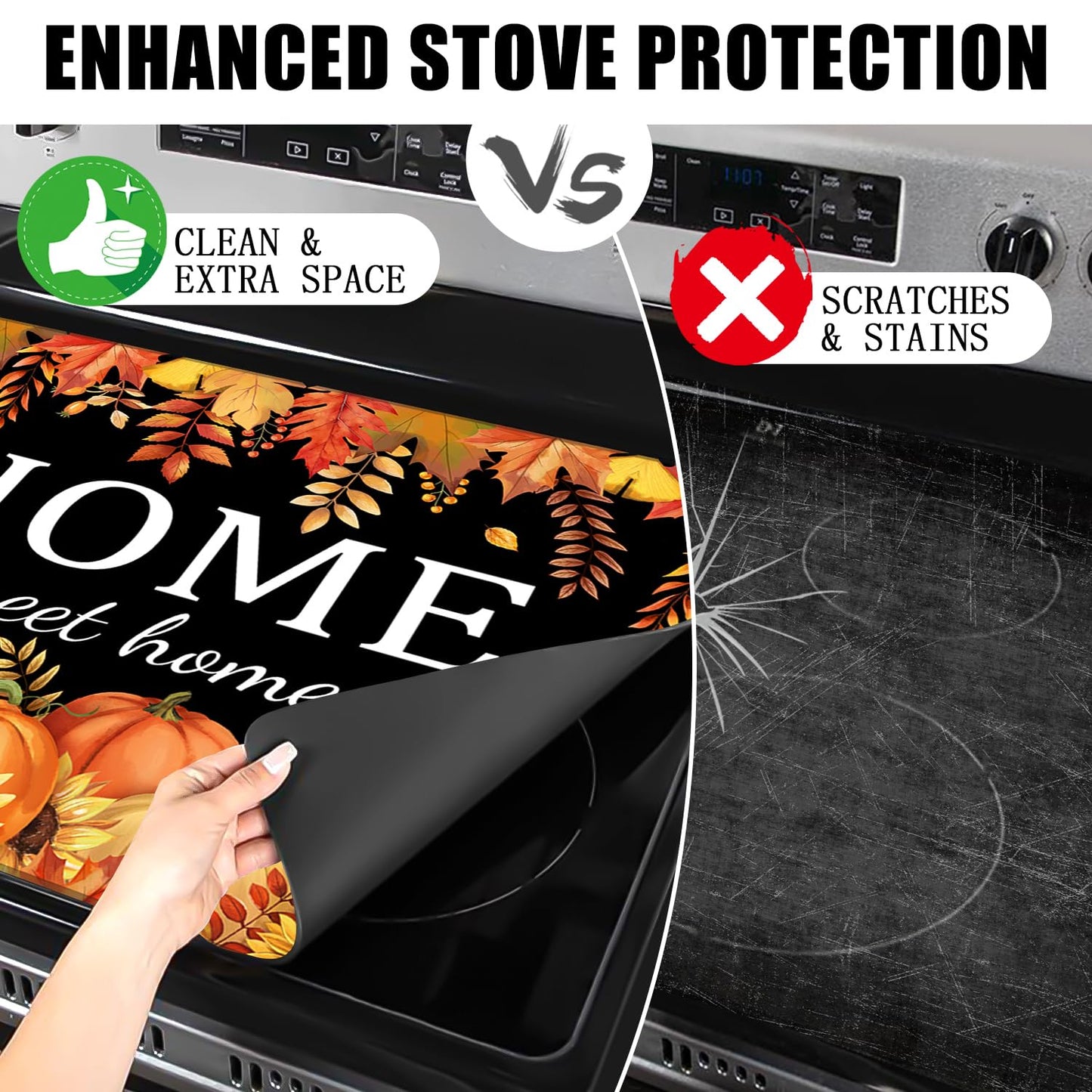 Fall Pumpkin Stove Cover For Electric Stove, 20x28 Glass Stove Top Mat Fall Black Heat Resist Electric Gas Range Mat Sweet Home Decor Glass Top Protector Kitchen Induction Cooktop Pad