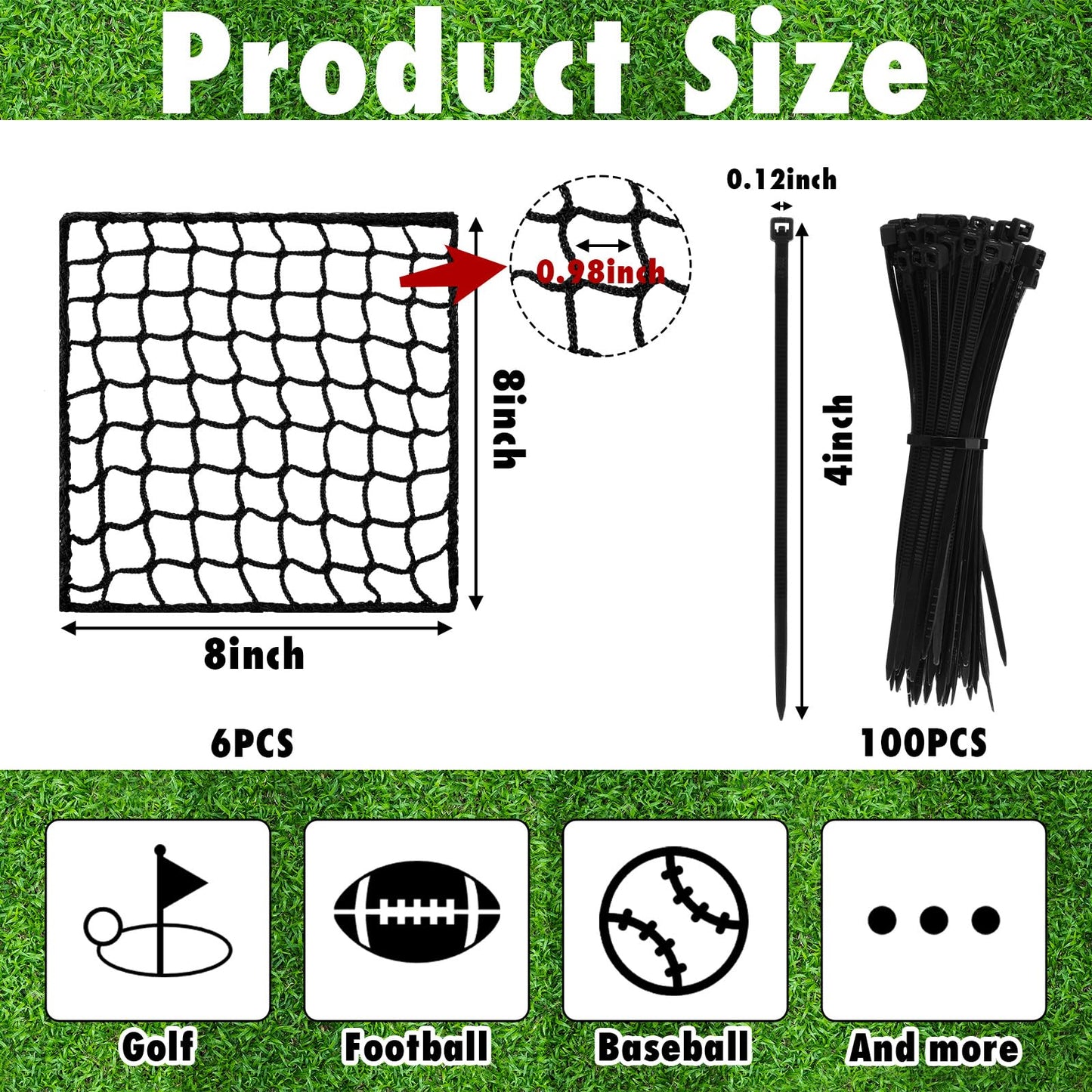 GliCraft 6 Pcs Universal Sports Net Repair Kits with 100 Pcs Zip Ties Golf Goal Nylon Netting Hole Replacement Patch for Baseball Batting Cages Soccer Football Hockey(8 x 8 Inch,Black)