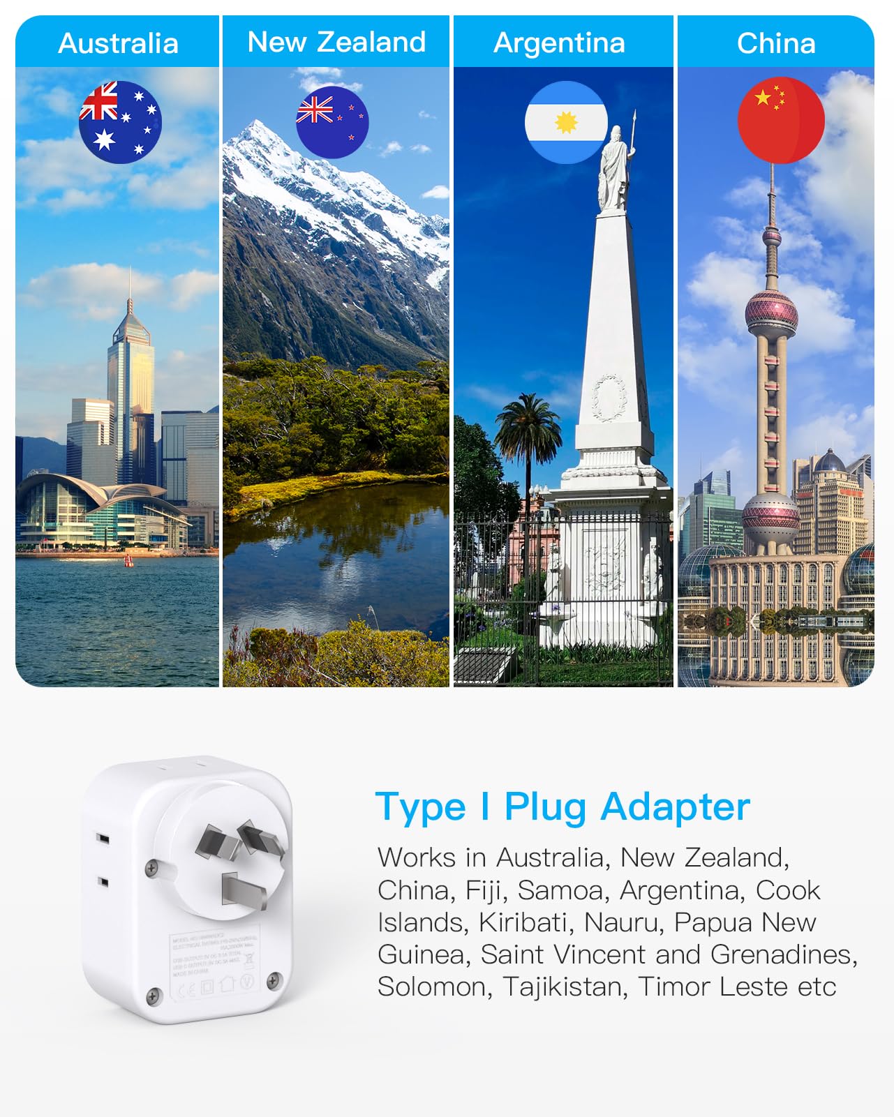 US to Australia Plug Adapter, HANYCONY New Zealand Power Adapter, Type I Plug Adapter with 4 Outlets 4 USB Ports(2 USB C) for USA to Australia AU China Argentina Fiji Cruise Travel Adapter Must Haves