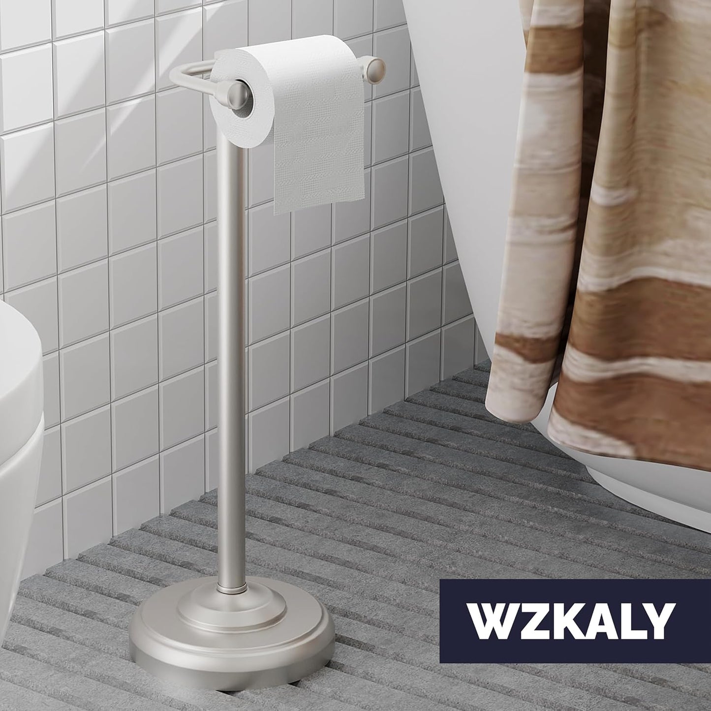Brushed Nickel Free Standing Toilet Paper Holder with Pivoting Design & Weighted Base
