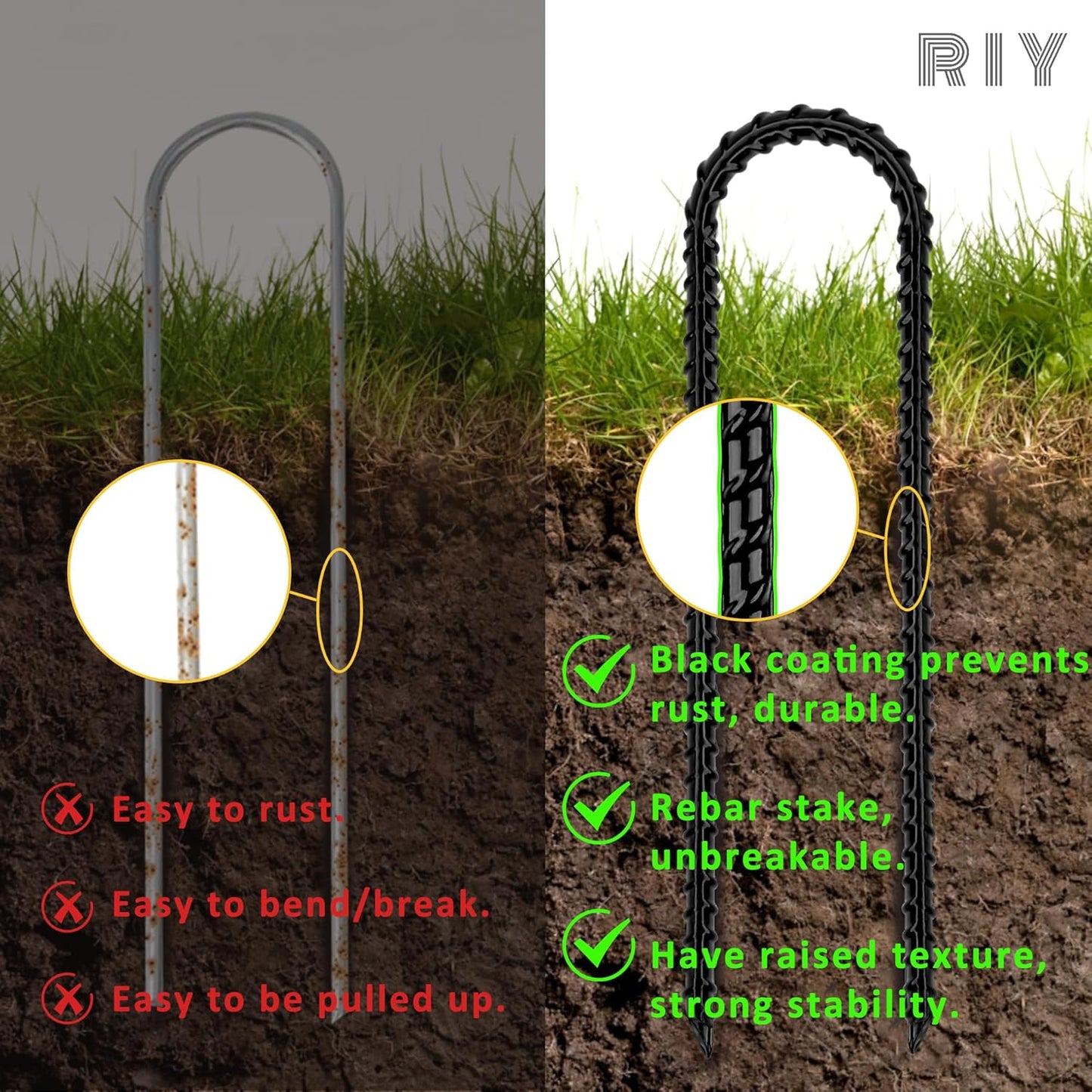 RIY Trampoline Stakes - Heavy Duty 12-Inch Ground Anchors for High Wind Stability | Durable T-Hook Included