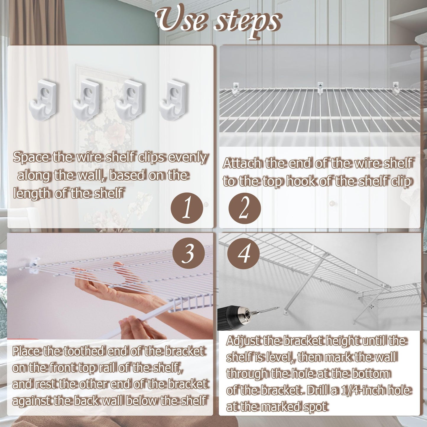 Ojeemii 6PCS 12 Inch Wire Shelf Brackets, Heavy Duty Wire Shelving Support Brackets, Closet Rack Support with 4 PCS Wire Shelf Clips, Closet Wire Shelf Support Brackets for Laundry, Closet, Garage