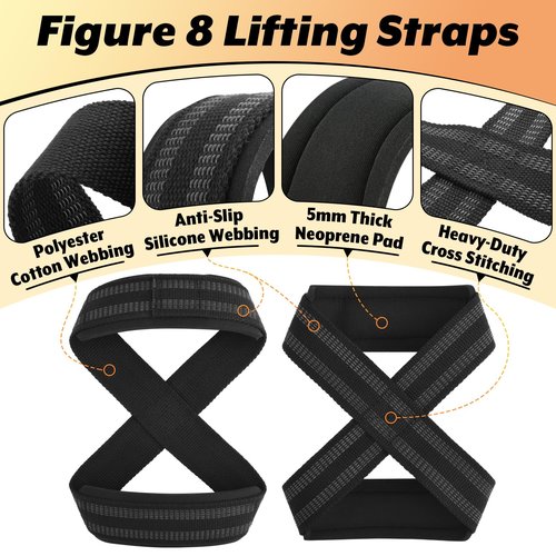 Easecos 2 Pcs Figure 8 Lifting Straps Heavy Duty Weight Lifting Wrist Straps, Padded Deadlift Straps for Gym Deadlift, Powerlifting, Cross Training, Barbell Row, Pull-ups Gym Fitness Strap (Black, Large)