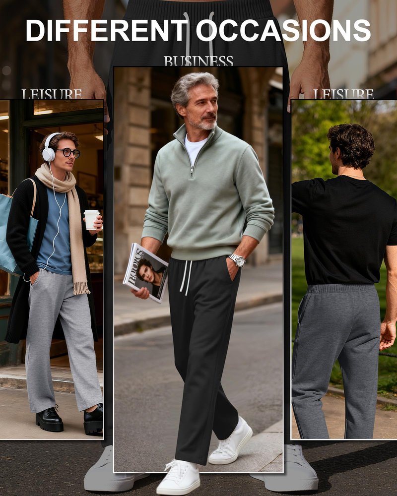 JoyMotion 3 Pack Men's Sweatpants Lightweight Wide Leg Drawstring Open Bottom Pants Baggy Athletic Joggers Lounge with Pocket(Heather Gray, Light Heather Gray, Black,Medium)