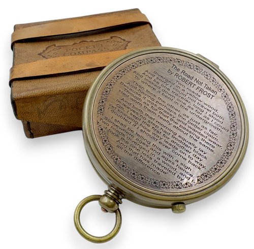 Large 2.8-Inch Antique Brass Compass – “The Road Not Taken” Poem by Robert Frost – Inspirational Gift for Son, Grandson, Graduate & Traveler – Handmade Literary Keepsake with Leather Case & Gift Card