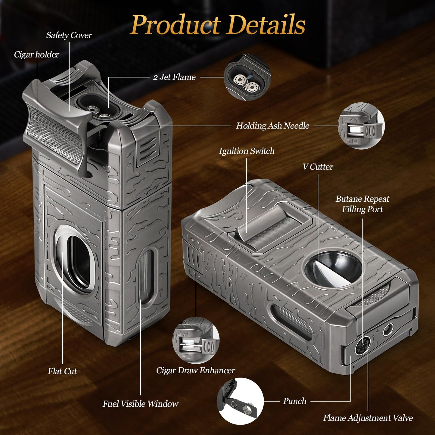 DXXULL Cigar Lighter, 7-in-1 Cigar Lighter Set: Dual-Flame Windproof, Visual Gas Window Adjustment, Built-in Dual Punch, V-Cut, Flat Cut, Cigar Holder and Smoking Set, Gift for Men (No Butane)